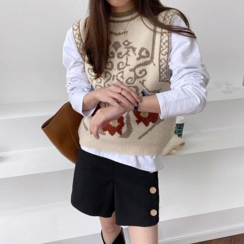 Waistcoat vest knitted autumn and winter new loose round neck pullover jacquard waistcoat sleeveless waistcoat women