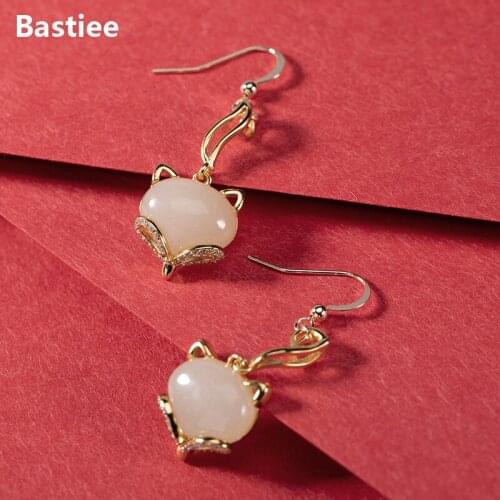 Bastiee Fox 925 Sterling Silver Earrings For Women Cute Drop Dangle Earings Fashion Jewelry Gold Plated Jade