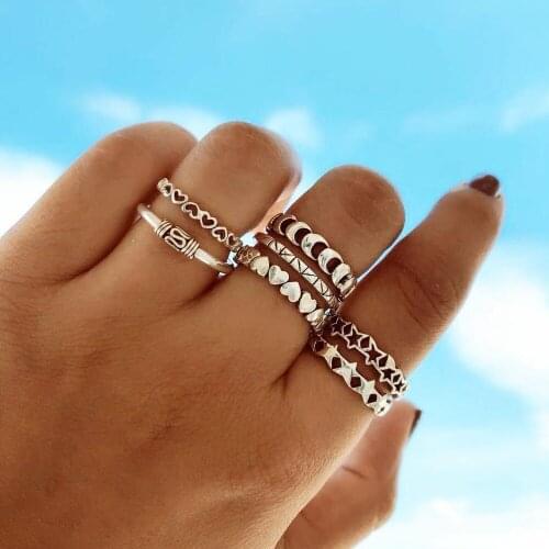 ALYXUY 7Pcs/Set Vintage Moon Stars Heart Rings For Women Girls Ethnic Geometric Finger Ring Set 2019 Knuckle Fashion Jewelry