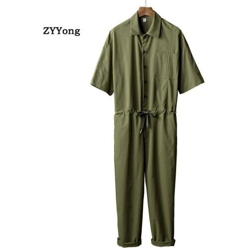 ZYYong Summer Lapel Short Sleeve Mens Jumpsuit Trousers Loose Hip-Hop Style Streetwear Overalls Casual Comfortable Black Pants
