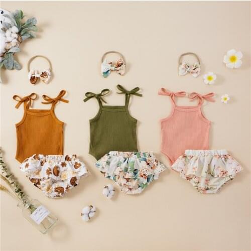 Infant Newborn Girls 3PCS Outfits Suits Sling Sleeveless Romper Tops + Floral Printed Layered Shorts + Headband Casual Sets