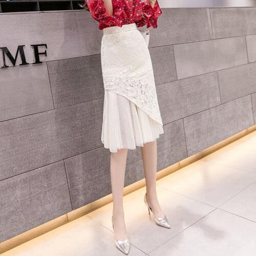 Summer Plus Size S-5xl Mesh Patchwork Womens Skirt Good Elastic Black Skirt Korean Office Women Sexy Lace Skirts Jupe Femme