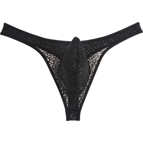 Mens Jacquard Lace Big Pouch T-back Sexy Underwear Male Stretchy Bikini Thong