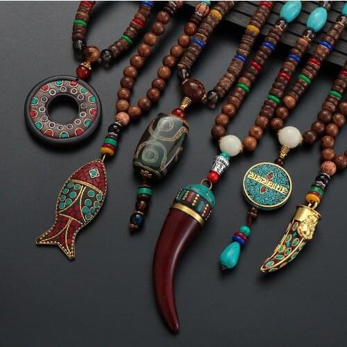 Unisex Handmade Necklace Nepal Buddhist Mala Wood Beads Pendant & Necklace Ethnic Fish Horn Long Statement Men Womens Jewelry