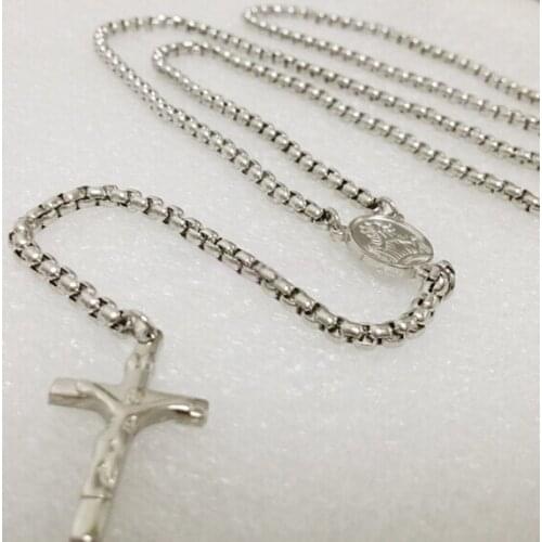 28''+5'' crucifix JESUS Cross Pendant Rosary Necklace 316L Stainless Steel Round Rolo Chain Jewelry Unisex Men