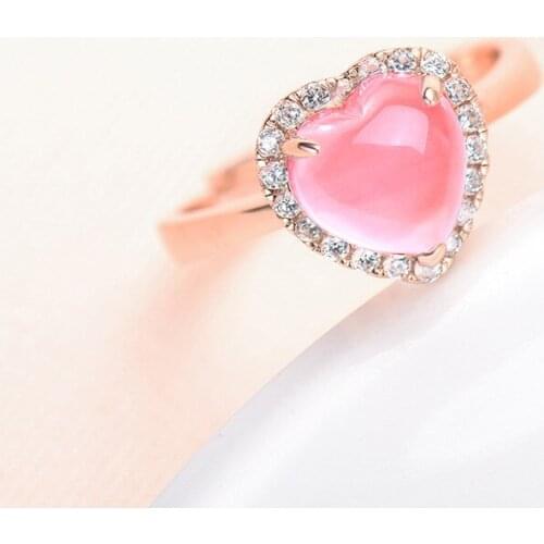 Popular 925 Silver Mosaic Jade Pink Crystal Heart-shaped Ring Trendy Fashion Charm Jewelry Accessories Gifts for Her Women