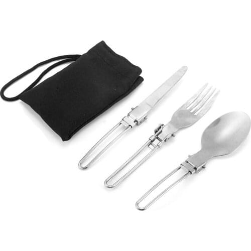 Portable Stainless Steel Folding Outdoor Camping Picnic Tableware Travel Tableware Three-Piece Stainless Steel Fold Fork Spoon