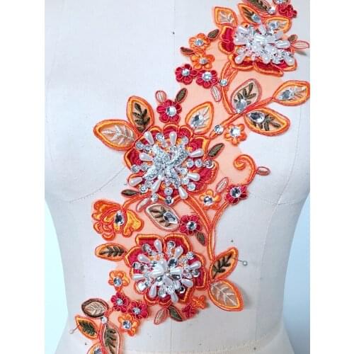 Sew on multicolored lace applique trim with peal rhinestones yellow/green Water - soluble embroidery lace 41*13cm