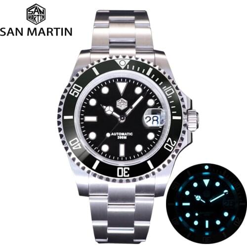 San Martin Diver Watch Automatic Mechanical Enamel Black Dial BGW-9 Blue Light Sapphire Calendar Waterproof Sports Wacthes