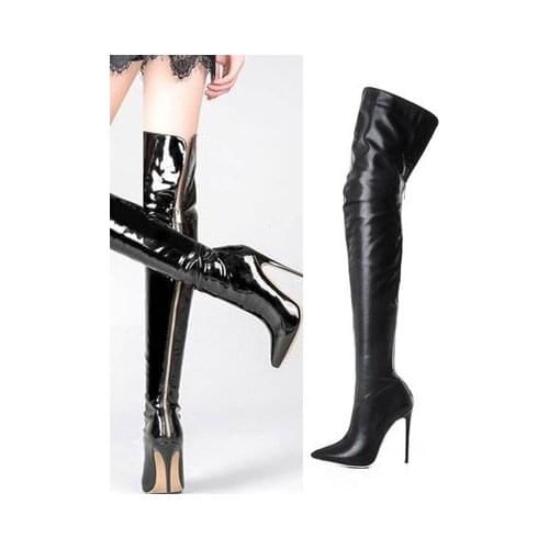 Front Zipper Thigh High Heels Stilettos Boots Faux Leather Fashion Female Shoes Pointed Toe Over the Knee Boots Botines Mujer