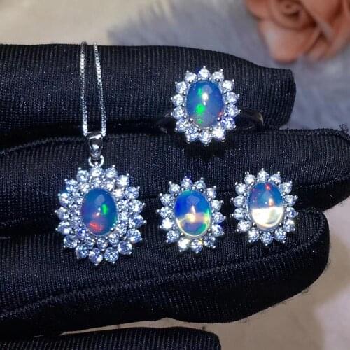 Natural Multicolor opal em S925 silver ring Pendant earrings natural gemstone Jewelry Set Elegant round girl gift fine jewelry