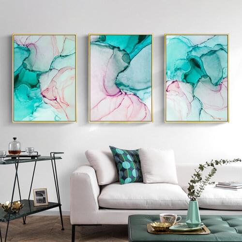 Modern Art Painting Green Pink Marble Canvas Painting Wall Art Fashion Wall Poster Alcohol Ink Abstract Pictures Living Room