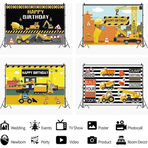 Happy Birthday Engineering Vehicles Yellow Backdrop Boy Party Room Table Decoration Photography Photo Custom Vinyl Background