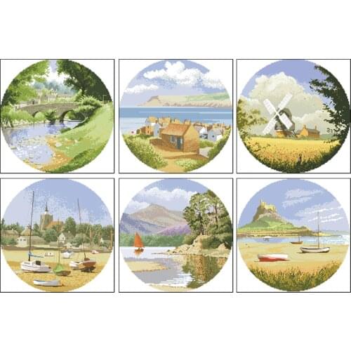 High Quality Counted Cross Stitches Kit Landscape Series scenery Riverside bridge Coastal Village windmill Beach sailboat Boats