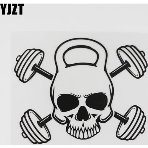 YJZT 12.9CMX10.3CM Skull Barbell Iron Sports Fitness Gym Decal Vinyl Car Sticker Black/Silver 8A-0744
