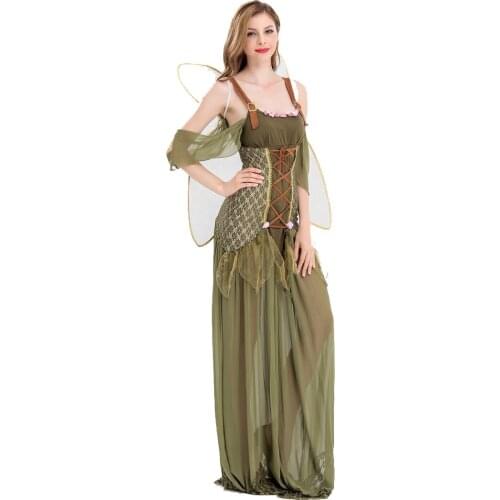 Women Forest Princess Dress Adult Halloween Fairy Tale Godmother Costumes Include Wing