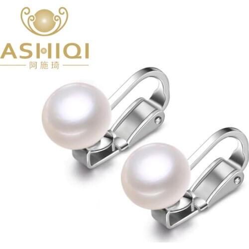 ASHIQI Real 925 sterling silver ear clip on earrings 8.5-9 mm natural freshwater pearl jewelry for women
