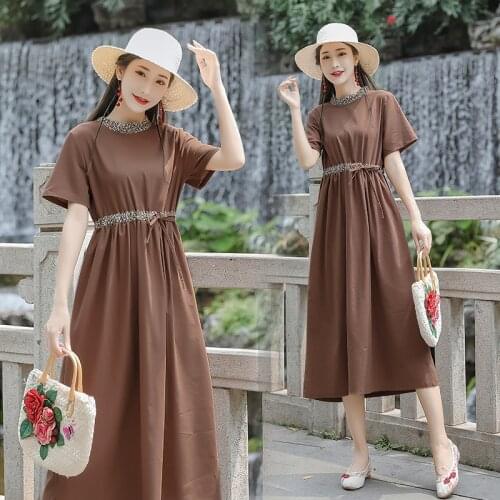 2021 New Arrival Short Sleeve Loose Summer Dress Patchwork Print Draw String Slim Office Lady Work Dress Women Casual Dress