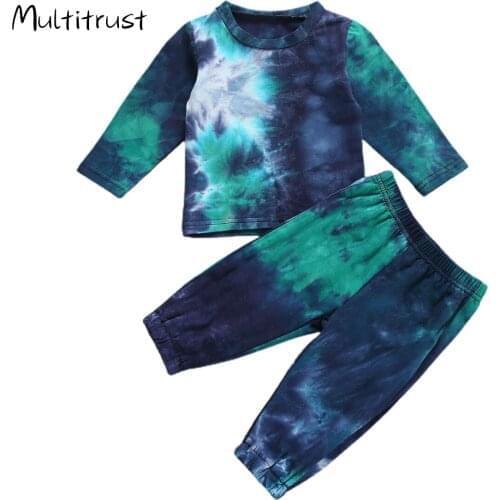 Autumn Kids Cotton Clothes Sets Baby Girls Boys Sports Hooded Tie Dye Print T-Shirt Pants 2pcs/Sets Children Casual Tracksuits