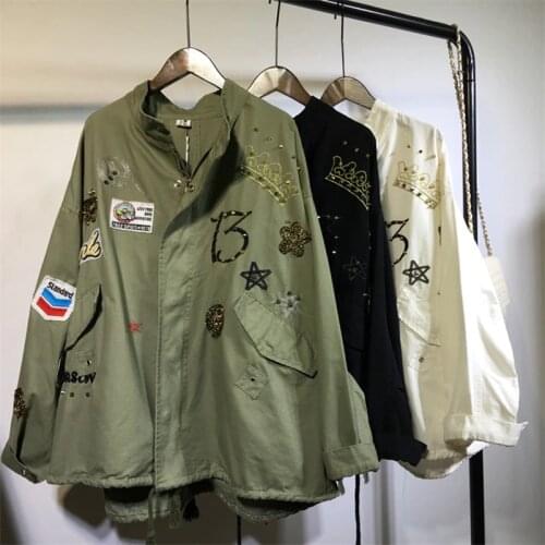 2020 Fashion The New Loose Patch Rivet Sequin Standing Collar Windbreaker Free Shipping