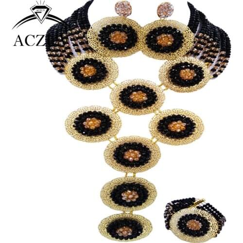ACZUV Brand Black and Gold AB African Necklace Jewelry Set for Women Nigerian Wedding Beads A10R010