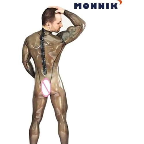 MONNIK latex Sexy Latex Catsuit Transparent Black Rubber Bodysuits Men Clubwear Customize