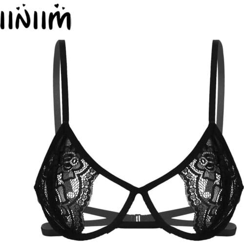 Womens Femme Hollow Out Sissy Lace Bra Tops with Hole Spaghetti Strap Brassiere for Apparel Lingerie Anniversary Exotic Bras