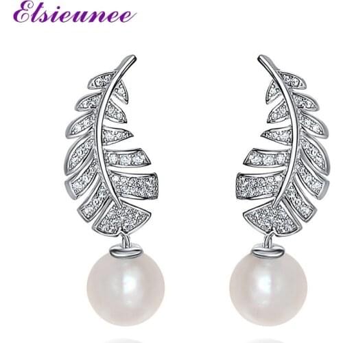ELSIEUNEE Chi 100% 925 Sterling Silver Pearl Simulated Moissanite Diamond Leaf Drop Earrings Girls Luxury Wedding Fine Jewelry