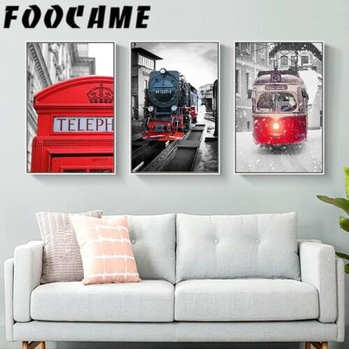 Red Umbrella Bus Landscape Canvas Print Retro Poster Abstract Painting Nordic Wall Art Modern Home Decor Pictures Living Room