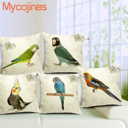 18"Square Cotton Linen Tropical Birds Printed Sofa Decorative Throw Cushion Covers Parrot Patterns Coffee Chair Waist PillowCase