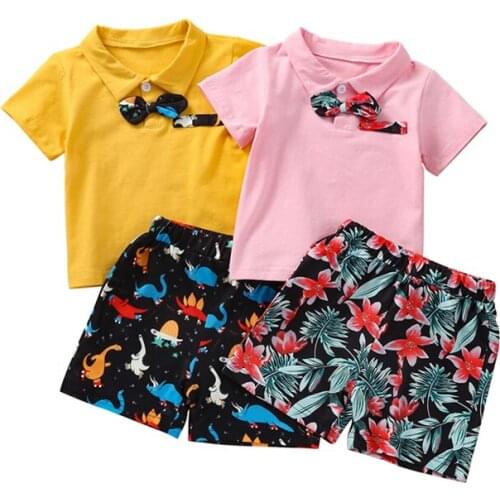 Wallarenear 2-6Years Toddler Baby Boy Summer Cartoon Patterns Turn-Down Collar Short Sleeve Tops with Bowknot+ Shorts