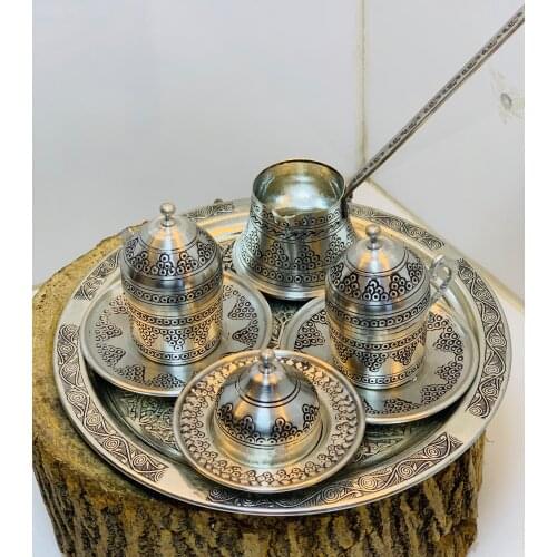 Handcrafted copper coffee set for two. Coffee pots, delight plates, trays and cups Coffeware set colander