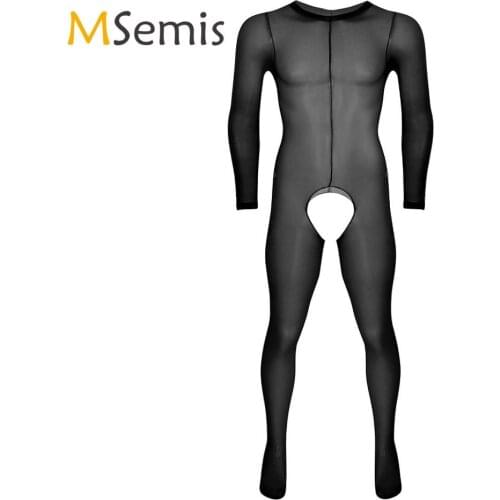 Mens Lingerie Crotchless Footed Stretchy Body Pantyhose Soft See Through Sheer Round Neck Long Sleeves Tights Full Body Stocking