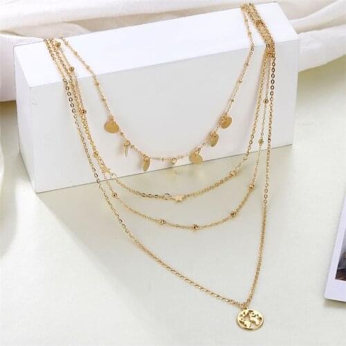 Vintage Star Map Moon Chain Necklace For Women Fashion Gold Color Necklace Multiple Layers Pendant Long Choker Boho Jewelry