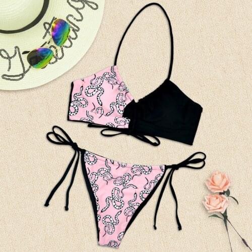 Sexy Snake Print patchwork Bikini 2021 Women Lace Up Bandage Micro Bikini Push Up Brazilian Swimsuit Bathing Suit Thong Swimwear