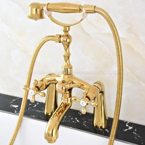 Luxury Gold Color Brass Deck Mounted Bathroom Tub Faucet W/ Hand Shower Sprayer Clawfoot Mixer Tap ztf774