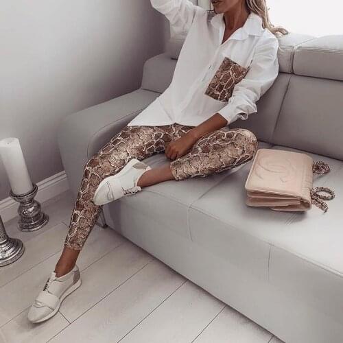 Spring Ladies Shirts Casual Suit Sets Two Piece Set Snake Contrast Pocket Top & Slim Fit Long Pants