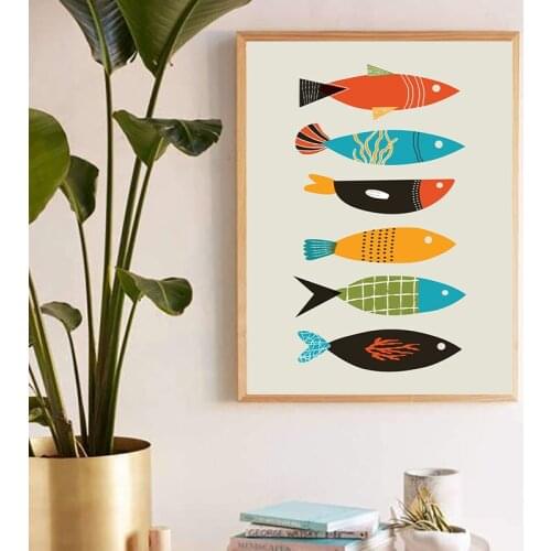 Mid Century Modern Abstract Canvas Wall Art Prints Fish Poster Mid Century Fish Art Painting Picture Home Room Decor