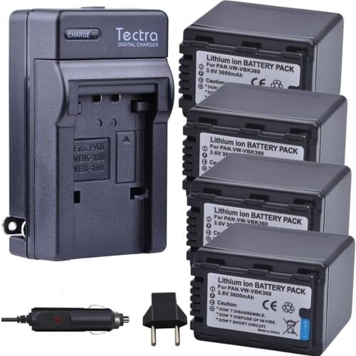 Tectra 4Pcs VW-VBK360 VBK360 bateria + Digital Charger for Panasonic HDC-TM40 HDC-TM41 HDC-TM55 HDC-TM60 HDC-TM80 HDC-TM90 SD40