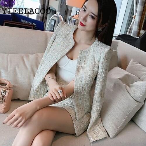 Tweed jacket + skirt suit Sequins flash fabric spring / autumn womens jacket Business ladies 2 piece sets