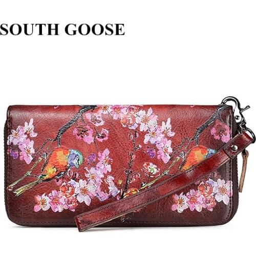 SOUTH GOOSE Genuine Leather Women Wallets Female Long Clutch Lady Wallet Embossing Flower Brand Design Card Holder Money Bag