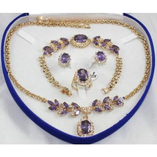 Yellow Gold fine gem Inlay Purple Crystal Necklace Bracelet Earring Ring 1set AAA