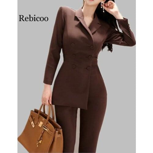 Women Irregular jumpsuit Double-breasted Blazer Jacket and Slim Pencil Pant 2 Pieces Set Female Wear to office Business jumpsuit