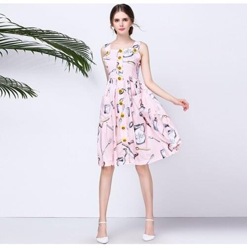 Newest 2017 amazing Designer Summer Dress Womens Elegant Spaghetti Strap Pink Printing Crystal Button Casual Knee-Length Dress