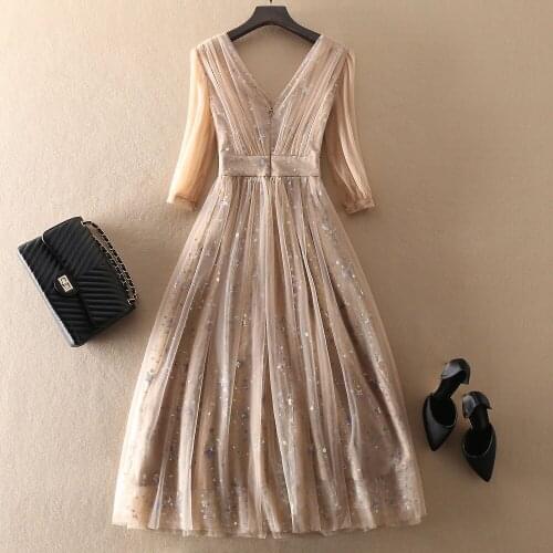 Summer Women Sequined Sexy 2021 Runway Fashion V-Neck Backless Mesh Embroidery Long Elegant Dress