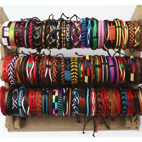 50pcs/lot Colorful Hand Woven Leather Adjustable Bracelets Bangles For Women Men Mix Style Fashion Jewelry Wholesale