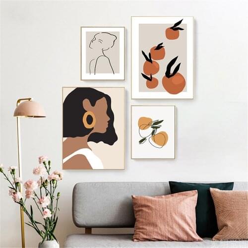 Abstract Girls Figure Line Drawing Wall Art Poster Orange Leaf Canvas Painting Fashion Women Art Print Modern Picture Home Decor