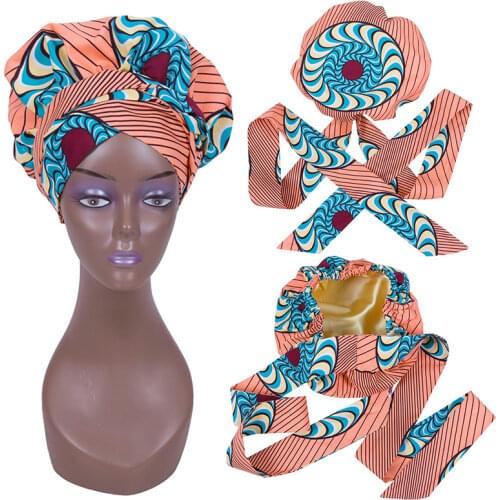 African Print Satin Bonnet With Long Ribbon Wrap Double Layer Head wrap Ankara Pattern Women Hair Cover Large Size Hair Wrap Cap