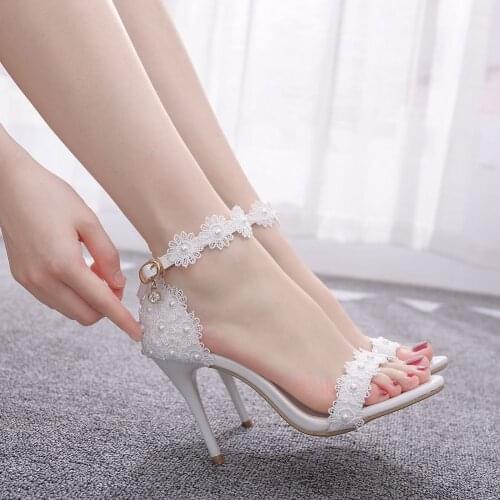 9 cm foreign trade high-heeled sandals bridesmaid wedding buckle with lace flowers with fishmouth Roman sandals
