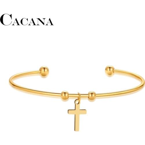 CACANA 316L Stainless Steel Open Bracelet Gold Color Cross Simple Trendy Jewelry For Women Bracelets Wedding Party Gifts N1962